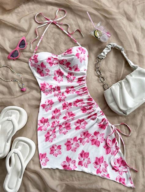 Soleia Women's Summer Floral Print Asymmetric Hem Halter Neck Tie Front ...