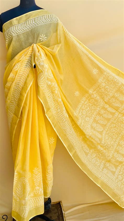 Lucknowi Chikankari Saree Yellow Kota With Tepchi Work – Chikirpolo