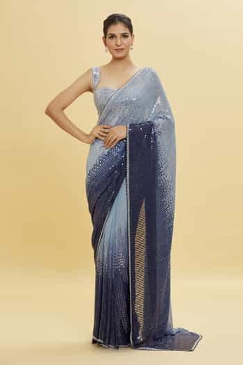 Buy Grey Georgette Embellished Sequins Sweetheart Neck Saree With ...