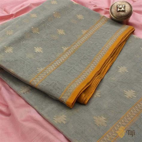 Light Gray Pure Cotton Real Zari Banarasi Handloom Saree - Tilfi