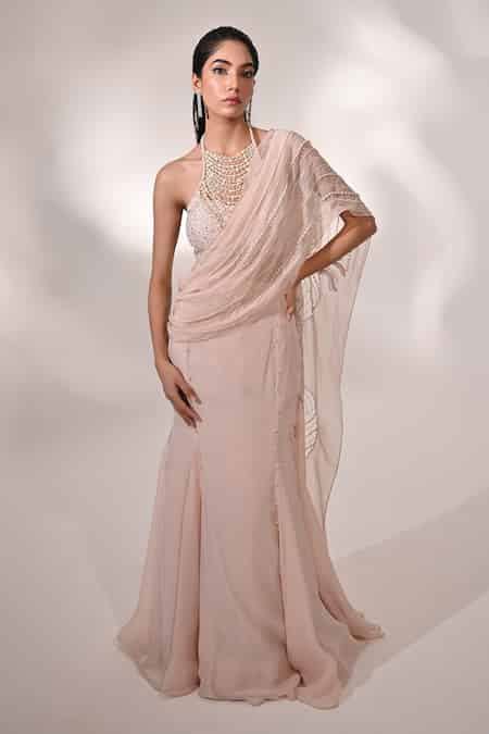 Buy Pink Organza, Chiffon Pearls, Embellished Mermaid Pre-draped Saree ...
