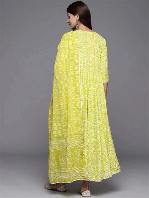 Buy Green Yoke Design Cotton Anarkali Kurta With Trousers & Dupatta ...