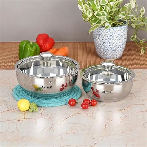 Buy Sumeet Stainless Steel Casserole with Glass Lid | 2 Pieces - 1 LTR ...
