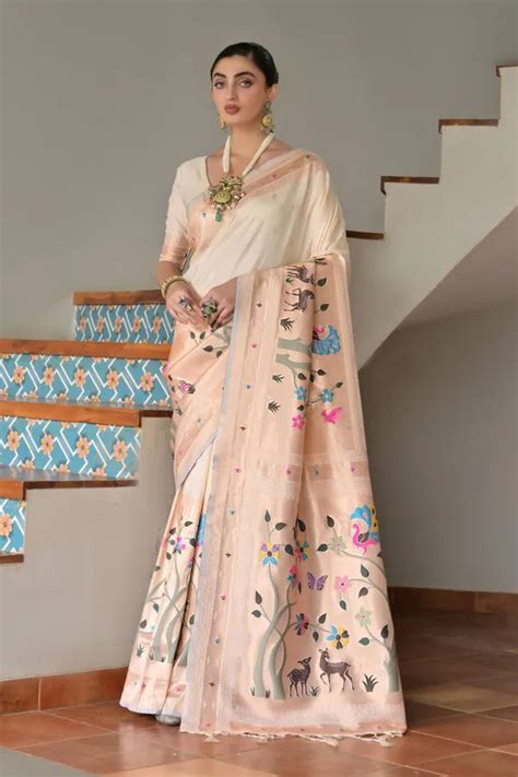 Buy Coconut Cream Woven Paithani Saree | MySilkLove Online - MySilkLove