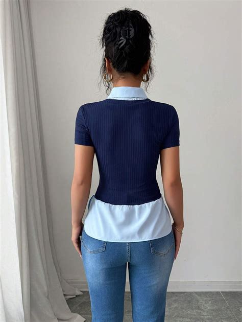 Elenzga T-shirt manches courtes en tricot col polo 2 en 1 coupe slim ...