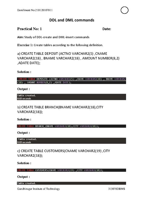 DBMS Practical Exercises: DDL and DML Commands Overview - Studocu