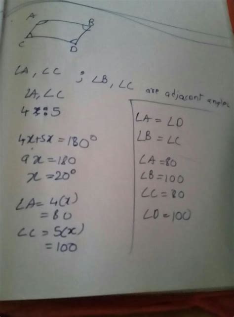 The adjacent angles of a parallelogramare in the ratio 4: 5. Find the ...