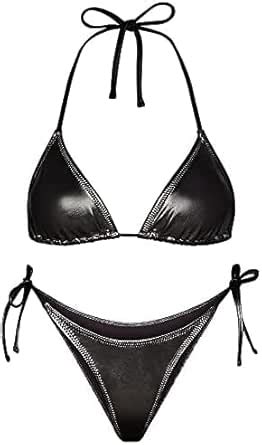 Buy DAhR Womens Disco Foil Faux Leather Bikini Bra & Panty Set ...