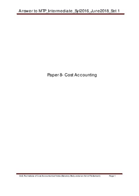 Paper 8 Set1 Solution - Hhhg - Paper 8- Cost Accounting DoS, The ...