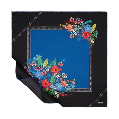 Black Blue Tropical Manage Twill Silk Scarf | Ipekevi