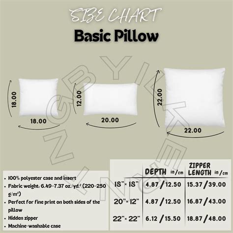 Basic Pillow Size Chart | All Over Print Basic Pillow Mockup and Key ...