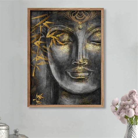 PAINTINGMANTRA Buddha Face Theme Grey Gold Color 1 Framed Canvas Art ...