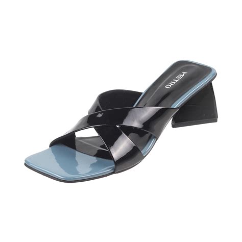 Buy Metro Women Black Patent Leather Cross Strap Block Heel Slip-on ...