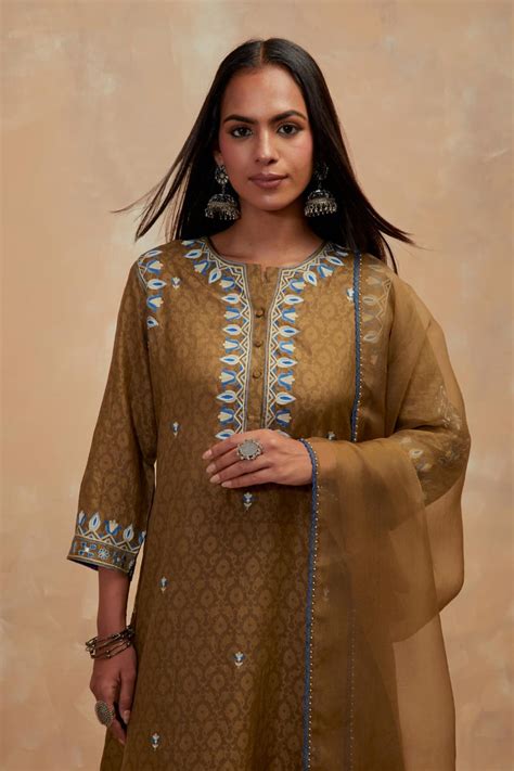 Dark olive silk organza dupatta with multi colored silk thread embroid ...