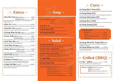 Menu at Thonglor Thai Restaurant, Maribyrnong