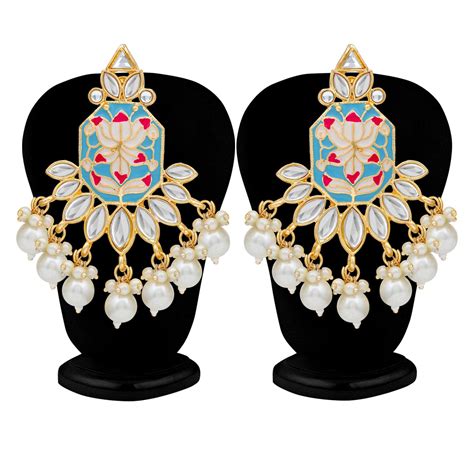 Sukkhi Glimmery Pearl Gold Plated Lotus Meenakari Dangle Earring For W