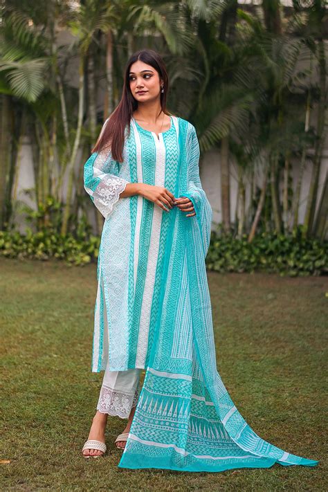Buy sea green kota cotton embroidered kurta set – The Indian Couture