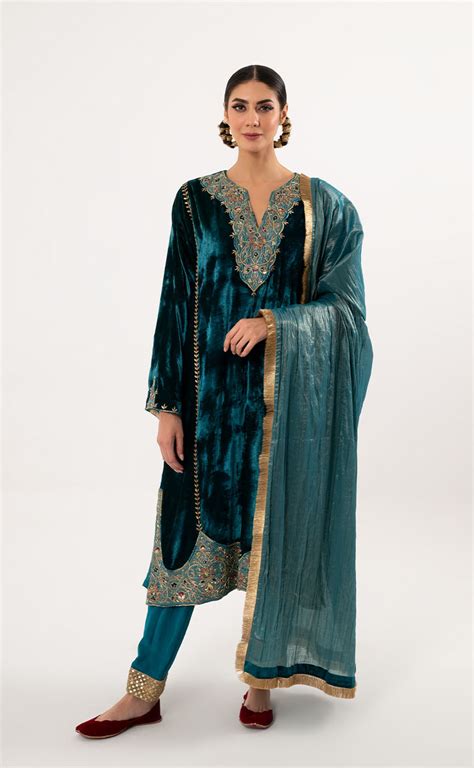 Zardozi Embroidered Velvet A Line Kurta with Crepe Salwar & Dupatta ...