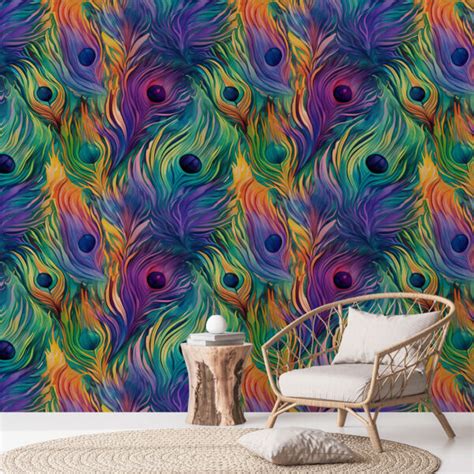 Serene and Colorful Peacock Feather Pattern Wallpaper Roll - Magicdecor®