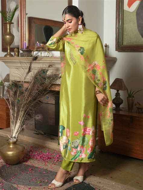 Buy Embroidered Blended Silk Floral Lime Green Kurta TP50143T | Aramya