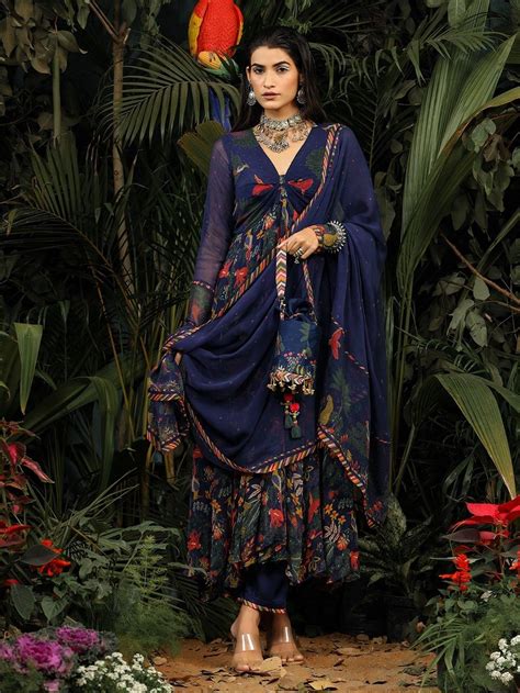 Off White Green Printed Modal Satin Suit with Chiffon Dupatta- Set of 3