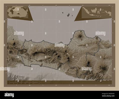 Jawa Tengah, city of Indonesia. Elevation map colored in sepia tones with lakes and rivers ...