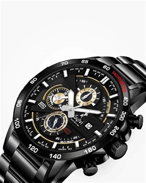 Sylvi Timegrapher Gold Accent Black Steel Strap Chronograph Watch for Men