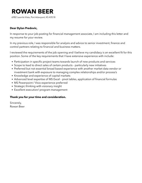 Financial Management Associate Cover Letter | Velvet Jobs