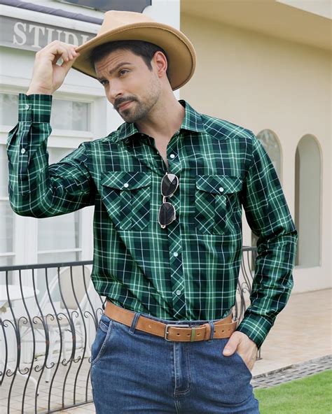 Men’s Plaid Pearl Snap Button Shirts Casual Long Sleeve Gingham Shirt ...