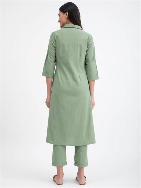 Buy Green Linen Blend A line Kurta Set Online | Pink Fort – Pink Fort ...