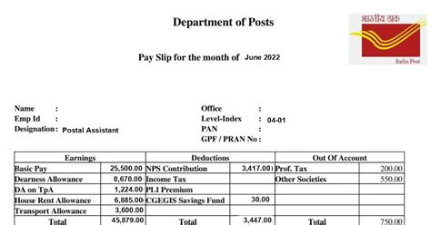 Postal Assistant (PA) Salary Slip 2022 | Postal Assistant Salary ...