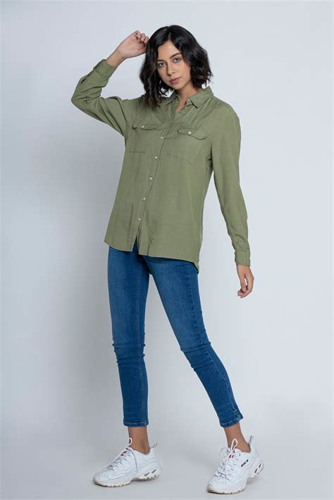 Green Roll-Up Sleeves Shirt