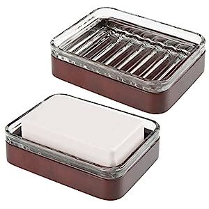 mDesign Decorative Bamboo and Glass Bar Soap Dish Tray for Bathroom ...