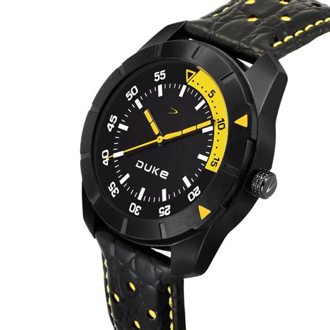 Duke Black & Yellow Analogue Display Black Leather Strap Men Formal Wa