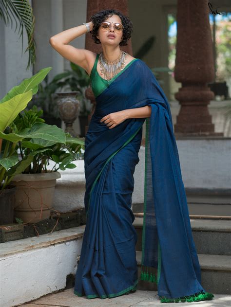 Soft Viscose Cotton Plain Blue Saree With Tassels|Jheel|Suta