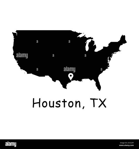 Houston TX on USA Map. Detailed America Country Map with Location Pin on Houston Texas. Black ...