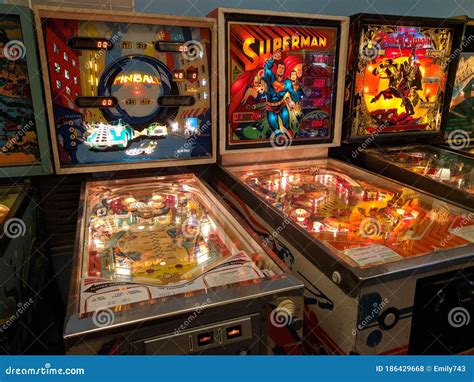 Vintage 70s & 80s Pinball Machines in Arcade Editorial Stock Photo ...