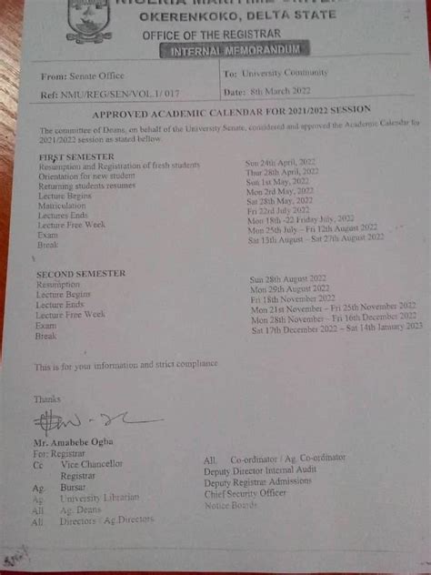 NMU Academic Calendar Schedule 2021/2022 [APPROVED]