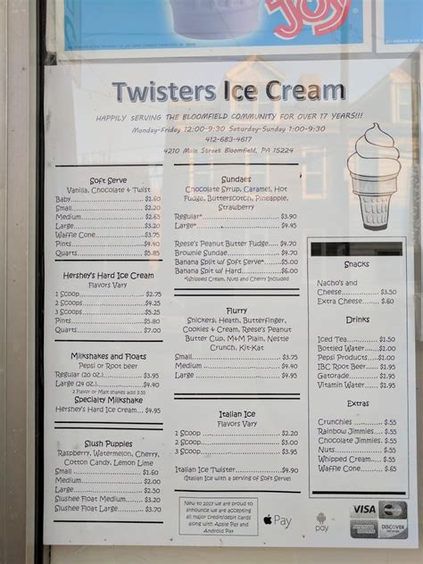 Menu at Twisters Ice Cream cafe, Pittsburgh