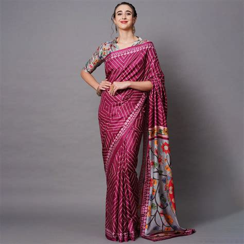 wavecolour | Magenta & Grey Silk Blend Geometric Printed Saree