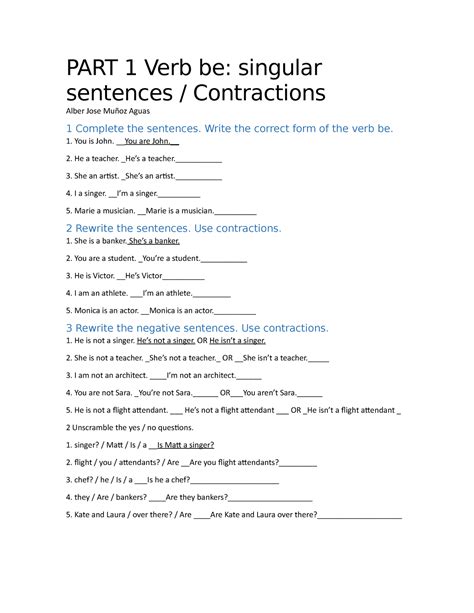 Fundamentals 1. Final exam Alber Muñoz - PART 1 Verb be: singular ...