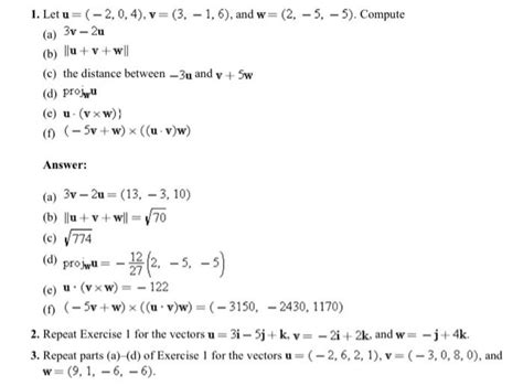 Solved 1. Let u=(-2,0,4), v=(3,-1,6), and w=(2, -5, -5). | Chegg.com