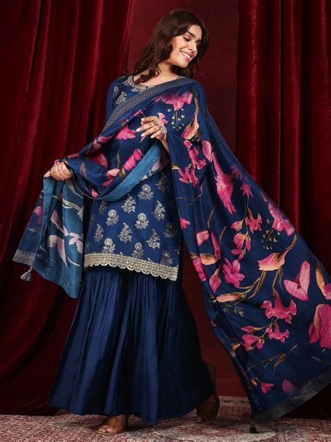 Buy Libas Art Blue Woven Design Silk Blend Straight Suit With Dupatta ...