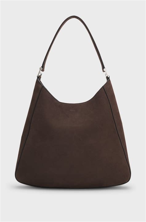 BOSS - Ariell hobo bag in nubuck with Double B monogram - Dark Brown