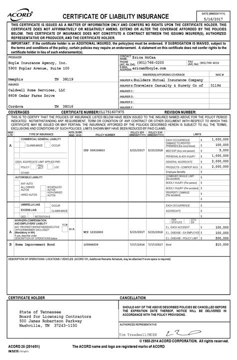 Certificate of Liability Insurance - Caldwell Painting