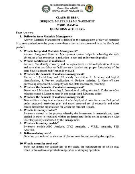 Materials Management MIH - CLASS: III BBBA SUBJECT: MATERIALS ...