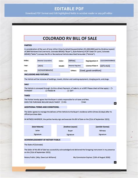 Colorado RV Bill of Sale Template in Word, PDF, Google Docs - Download ...