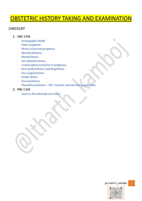OBG 301: Obstetric History Taking & Examination Checklist - Studocu