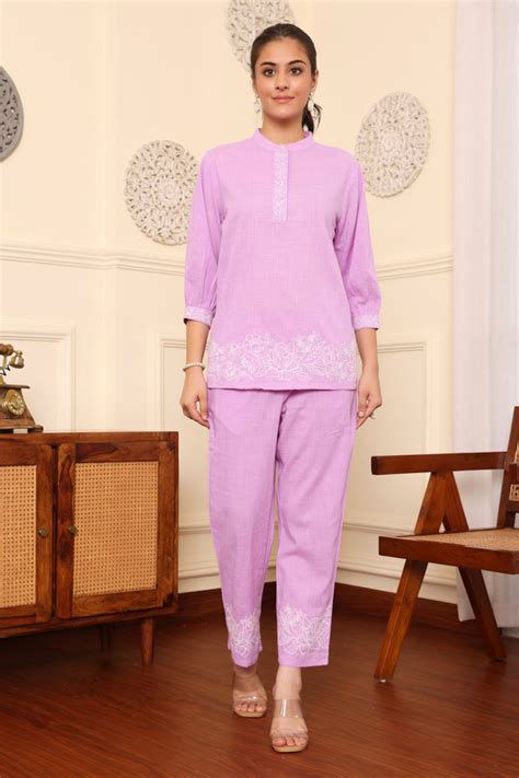Purple Cotton Embroidered Co-Ord Set – Savi India