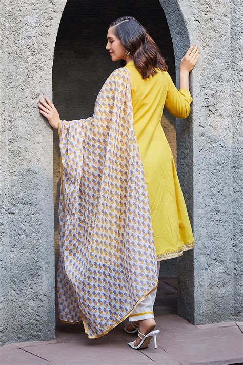 Yellow Cotton Gathered Kurta & Pants Suit Set at Biba India